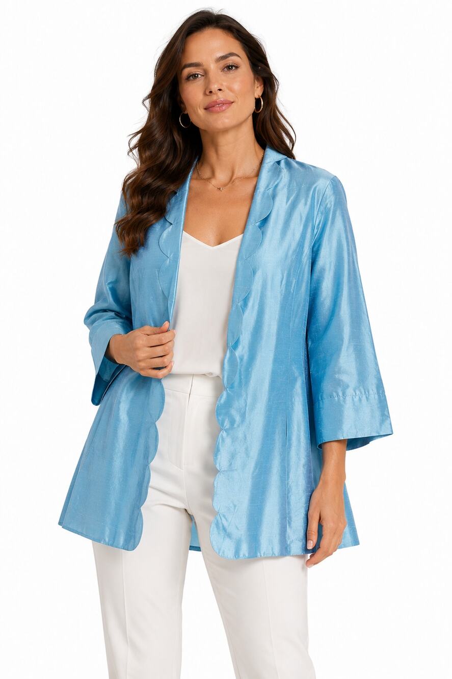 Patty Kim 100% Silk Scalloped Open Front Jacket Size Small Blue ¾ Sleeve Dupioni